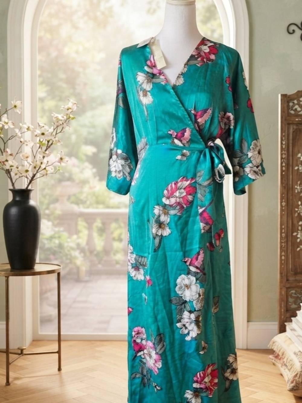 Liquorish Green Floral Satin Wrap Maxi Dress Kimono Sleeves Tropical
